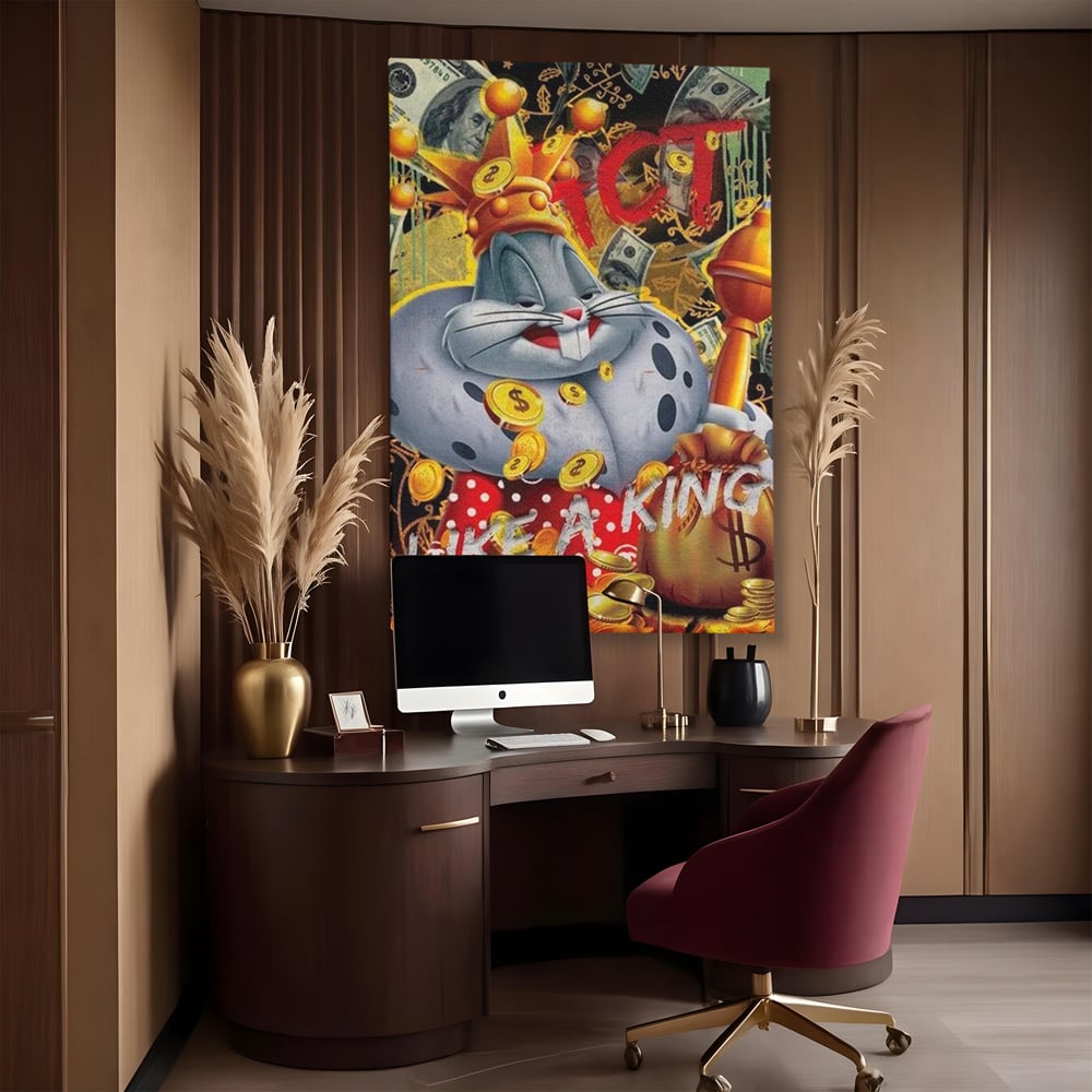 Tablou canvas cu tablou canvas cu bugs bunny rege, fara rama, pe sasiu de lemn, pe perete intr-un birou